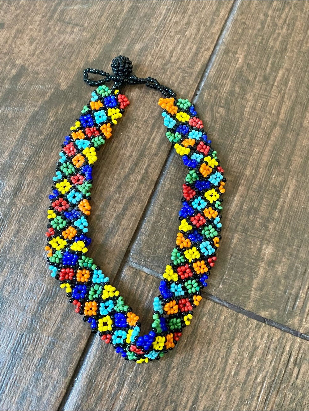 Handmade Colorful Seed Bead Floral Netted Choker Necklace Black Braided Cord